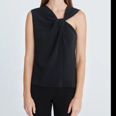 Sleeveless Top In Stretch Crepe With Asymmetric Neckline And Twist Detail At The Front. New With Tags And Never Worn. No Defects. True To Size. Asymmetric Neckline, Twist Top, Halston Heritage, Stretch Crepe, Valencia, One Shoulder Blouse, Sleeveless Top, Size 4, Twist