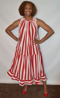 Stripe Print Dress Red Summer Midi Dress For Casual Occasions, Chic Red Sundress With Ruffles, White A-line Lined Midi Dress, White A-line Midi Dress Lined, Red Lined Midi Dress For Summer, Red Lined Midi Dress For The Beach, White Flowy Lined Midi Dress, White Lined Knee-length Midi Dress, White Knee-length Lined Midi Dress