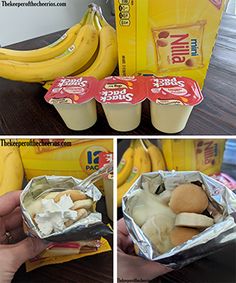 bananas and yogurt are sitting on the table