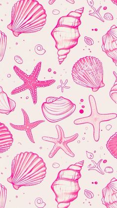 pink sea shells and starfish on a white background with red ink in the middle