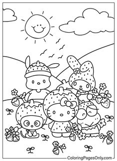 the hello kitty coloring page is full of cute little animals and their friends, as well as flowers