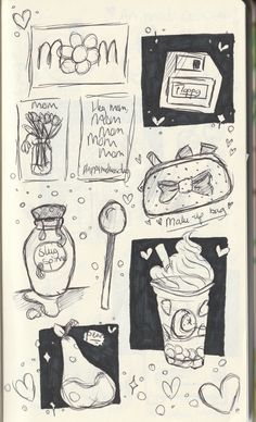 this is an image of a sketchbook page with food and things to eat on it