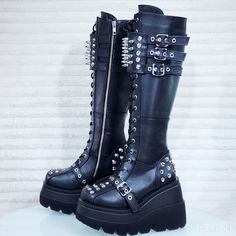 Shaker 225 Black Matte Platform 4.5" Wedge Heel Spiked Knee Boots NY DEMONIA | Totally Wicked Footwear Hot Clothes, Hot Outfits, Black Matte, Platform Wedges, Wedge Heels, Knee High Boots, New Shoes, High Boots, Knee Boots