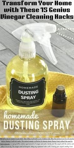 a bottle of homemade dustin spray sitting on top of a towel next to a bottle of disinfectant