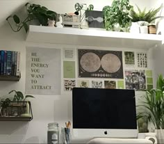 a desk with a computer on it and some plants in the corner next to it