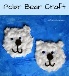 two polar bears made out of felt on a blue background with white polka dotes