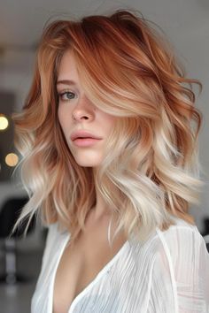 Platinum Blonde Balayage On Red Hair, Outfit Ideas Ginger Hair, Auburn Hair With Blonde Highlights Short, Blonde Balayage With Red, Blond With Color, Fiery Outfits, Red Blonde Hair Balayage, Red Hair Blonde Balayage