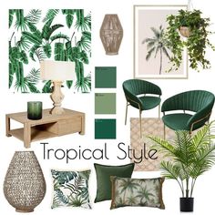 tropical style with green accents and palm trees in shades of blue, green, beige, and white