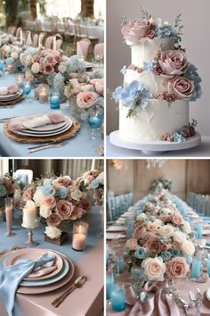 the table is set with blue and pink flowers, candles, and napkins on it