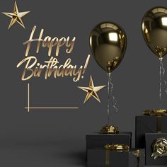 two black boxes with gold foil balloons and stars on them are shown in front of a happy birthday card