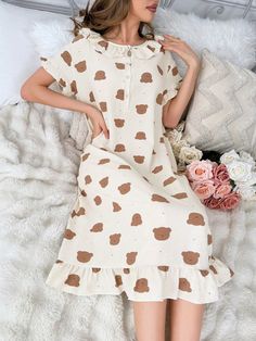 Loose Women's Sleep Dress With Bear Print And Ruffled Hem Apricot Cute  Short Sleeve Woven Fabric Animal,Geometric Nightgowns Non-Stretch All Women Sleep & Lounge, size features are:Bust: ,Length: ,Sleeve Length: Animal Geometric, Fabric Animals, Nightgowns, Bear Print, Cute Shorts