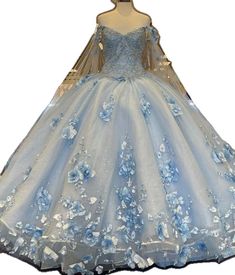 Sky Blue Long Dress, Ball Gown Quinceanera Dresses, Blue Long Dress, Off Shoulder Ball Gown, 3d Applique, Sky Blue Color, Long Blue Dress, Gown Style, Quinceanera Dresses