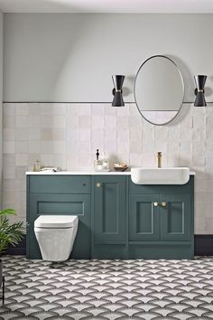 Burford Fitted Bathroom Furniture in Juniper Green Fitted Furniture Bathroom, Bathroom Fitted Furniture, Bathroom Shaker, Shaker Style Bathroom, Wallpapers For Bathrooms, Dark Green Metro Tiles Bathroom, Panelled Bathroom, Bathroom Furniture Ideas, Bathroom Sinks And Vanities Uk