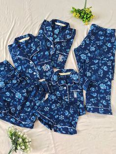 I know they are already so cute but these pajamas adds a little more and you can't resist them. They come in variety of designs , colors and prints. You can choose any from my entire shop if its not listed here.  ✿Sizes: (0-1 Yr) 1T                (2-3 Yr) 3T                (4-5 Yr) 5T                 (6-8 Yr) 8T                (9-10 Yr) 10T                (11-12 Yr) 12T    Shop link 👉https://etsy.me/2V0Y1Mz ✿Purchase Method  Just choose from the Color drop down menu and then choose from the style menu to choose if it needs embroidery or not. Just mention the sizes and other details in Personalisation Column.  ✿Material: Cotton . The fabric is 100% breathable, soft and super light.  I also take custom orders and custom sizes to suit you better. I generally take 1-2 days to make 1-3 shirts Flower Pajamas, Floral Spring Sleepwear For Sleepovers, Floral Print Long Sleeve Sleepover Sets, Multicolor Floral Print Sleepover Sets, Flower Pyjamas, Indigo Floral, Ring Bearer Gifts, Floral Pajamas, Bridesmaid Outfit