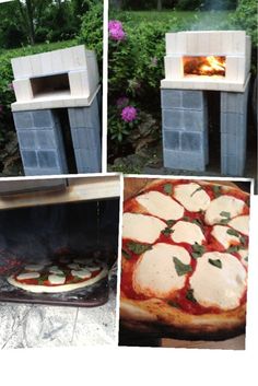 four different views of a pizza cooking in an outdoor oven