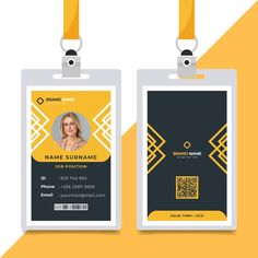 two id cards with yellow and black trimmings, one is for a woman