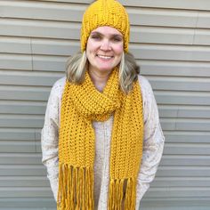 This is a matching chunky knit hat and scarf set in mustard yellow that is made with super bulky yarn. This set is a perfect handmade gift for your loved ones or to keep for yourself! We also accept custom orders! Mustard Scarf, Scarf And Hat, Winter Green, Chunky Knit Hat, Scarf Knit, Knit Wear, Yellow Scarf, Super Bulky Yarn, Hat And Scarf Sets