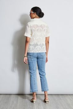 In modern lace, this shirt has a cool vibe. The linen covered button front closure, utility patch pockets & open-work lace make it perfect for warm Spring days. Versatile & chic, wear it with Elie's favorite white or denim jeans, or dressed up with our crepe pants. Elie Tahari Exclusive Short Sleeve Lace Button Down Shirt with Utility Chest Pockets 49% Polyamide, 47% Cotton, 4% Elastane Runs true to size. Model is 5'9" and wearing size S Length From Shoulder to Hem: Back 25.5 "L, Sleeve: 21 "L ( Casual Lace Top With Lace Collar, Casual Collared Tops With Broderie Anglaise, Casual Collared Blouse With Broderie Anglaise, Casual Collared Broderie Anglaise Blouse, Summer Lace Top With Lace Trim For Work, Casual Broderie Anglaise Workwear Tops, Lace Top With Lace Trim For Summer Workwear, Summer Short Sleeve Lace Top For Work, Crepe Pants