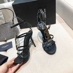 YSL CASSANDRA SANDALS IN SMOOTH LEATHER WITH GOLD-TONE MONOGRAM Ysl Cassandra, Balenciaga Sneaker, Women Shoes Heels, Off White Sneakers, Jordan Off White, White Balenciaga, Nike Sale, Smooth Leather, Shoes Women Heels