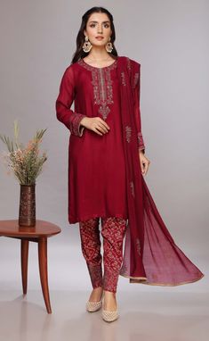 Kameez Trouser Dupatta Pakistani Party Dress in Net Salwar Kameez For Reception During Diwali, Silk Churidar For Eid Reception, Red Traditional Drape Party Dress, Red Party Dress With Traditional Drape, Festive Chanderi Churidar For Reception, Dola Silk Churidar With Dabka Work, Red Straight Kurta Dress For Reception, Silk Churidar For Reception During Eid, Reception Silk Salwar Kameez With Straight Kurta