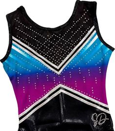 a women's gymnastics leotard with purple, blue and black stripes on it