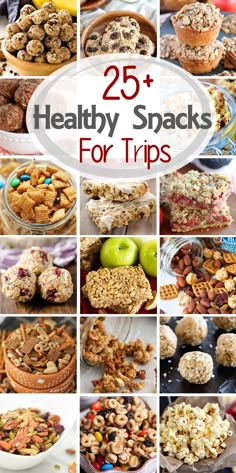 healthy snacks for trips with the title overlay that reads 25 healthy snacks for trips