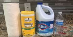 the ingredients needed to make homemade dishwasher detergent and wipes are on the counter