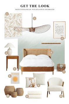 a bedroom with white furniture and accessories in it