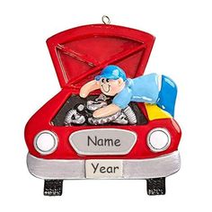 an ornament depicting a man on a motorcycle in the back of a red car