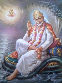 an image of the god sitting on top of a boat in water with his hands up