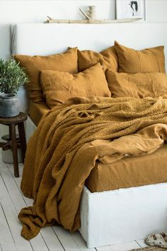 Waffle Blanket in Mustard - Yellow Mustard Waffle Linen Coverlet - Mustard Linen Waffle Throw Ochre Throw Blanket, Mustard Sheets Bedroom, Plum And Mustard Bedroom, Burnt Yellow Bedroom, Mustard Bedding Ideas, Mustard Bedspread, Yellow Bedding Bedroom, Mustard Yellow Bedding, Mustard Blanket