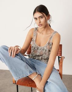 Tops by ASOS EDITION Cuz your jeans deserve a nice top Diamante, bead and sequin embellishment Scoop neck Sleeveless style Regular fit Work Tank Tops, Work Vest, Sequin Embellishment, Singlet Tops, Winter Party Dress, Embellished Top, Brunch Outfit, Satin Slip Dress, Maxi Dress Trend