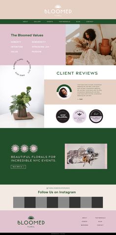 the website design for bloomed is shown in green, pink and white colors with an image