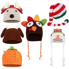 several knitted hats with different designs and colors are shown in the shape of animals