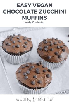 three chocolate cupcakes with chocolate chips on top