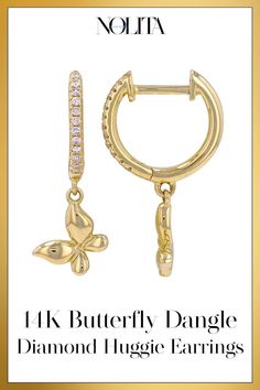 Adorn your ears with the enchanting beauty of the 14K Butterfly Dangle Diamond Huggie Earrings from Nolita Diamonds. These exquisite earrings feature delicate butterfly charms, each set with sparkling diamonds, dangling gracefully from sleek huggie hoops. Crafted in luxurious 14K gold, they're a perfect blend of elegance and whimsy, ideal for adding a touch of magic to any outfit. Beads Candy, Diamond Huggie Earrings, Delicate Butterfly, Safety Pin Earrings, Lock Necklace, Bow Jewelry, Sell Gold, Unique Jewelry Designs, Huggie Earrings