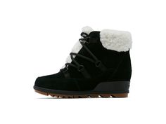 HEEL HEIGHT: 2" PLATFORM HEIGHT: 3/4" SHAFT HEIGHT: 4 1/4" LACE LENGTH: 52" Sorel Evie, Lace Booties, Black Jet, Lace Up Booties, Sorel Womens, Shoes Booties, Back Seat, Cold Weather, Faux Fur