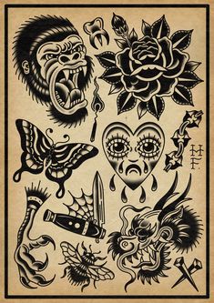 Black Work Traditional Flash #2 - Shiver Black American Traditional Tattoo Flash, Old School American Traditional Tattoos, American Trad Tattoo Flash, Dark American Traditional Tattoo, American Traditional Tattoo Design Old School, Black Work Traditional Tattoo, Black American Traditional Tattoo, Traditional Patchwork Tattoo, American Trad Tattoo