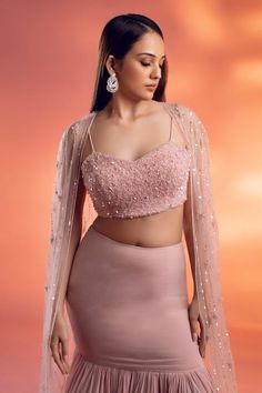 Buy Pink Net Embellished Glass Beads Cape With Fish Cut Skirt Set For Women by Kiyohra Online at Aza Fashions. Fish Cut Skirt, Cape Lehenga, Beaded Cape, Pink Cape, Padded Blouse, Fancy Dresses Long, Other Outfits, Pink Fabric