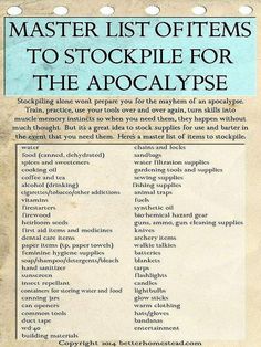 an old book with the title master list items to stockpile for the apocalyse