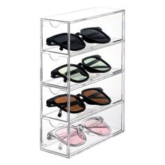 three tiered clear acrylic shoe rack with sunglasses