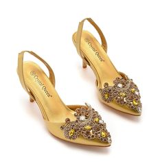 Details: Style: simple Embellishment: Rhinestone Heels Type: Stiletto Heel height: 7.5cm Closure Type: Slingback Toe: Pointed Toe Upper Material: PU Leather Sole Material: PVC Lining Material: PU Leather Gold Pointed Toe Sandals With Rhinestones, Gold Rhinestone Pointed Toe Sandals, Glamorous Embellished Gold Slingback Pumps, Glamorous Gold Embellished Slingback Pumps, Glamorous Gold Kitten Heels For Formal Occasions, Glamorous Gold Kitten Heels For Formal Events, Embellished High Heel Slingback Pumps For Prom, Elegant Gold Kitten Heels For Spring, Gold Wedding Shoes With Rhinestones For Events