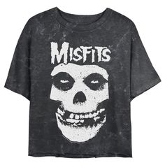 Celebrate the legendary horror-punk band and pop culture icons, The Original Misfits with officially licensed apparel featuring the classic "Fiend Skull" and more! This Juniors' Misfits Classic Fiend Skull Logo Cropped Graphic T-Shirt features a large black and white graphic of the Misfits Fiend Skull mascot and logo across the front. Rock out to the genre-defining Misfits in ultimate style with these fun new tees for everyone! Misfits Crop Top, Halloween Concert T-shirt With Screen Print, Halloween Concert T-shirt With Crew Neck, Edgy Halloween T-shirt With Screen Print, Distressed Band Merch Top For Fans, Grunge Fan Merchandise Relaxed Fit Tops, Edgy Skull Print Relaxed Fit T-shirt, Relaxed Fit Grunge Fan Merchandise Tops, Grunge Relaxed Fit Tops For Fan Merchandise