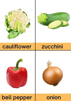 four different types of vegetables are shown in this picture, including zucchini, bell pepper, onion, cauliflower and zucchini