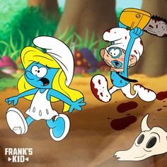 the smurfs cartoon characters are running in front of a dog and a skull