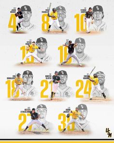 a series of photos showing the different positions of baseball players in their uniforms and numbers