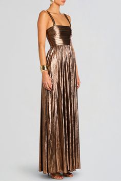 Retrofete iris dress in metallic bronze. 97 % POLYESTER 5% SPANDEX Dry clean Made in India Ships by Sept. 14