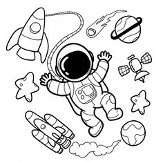 black and white drawing of an astronaut floating in space with rockets, stars and planets around him