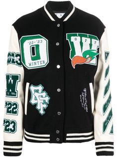 black/white emerald green wool leather all-over motif embroidery stripe trim baseball collar front press-stud fastening long sleeves ribbed trim two front welt pockets Motif Embroidery, Varsity Jacket Women, Off White Clothing, Off White Jacket, Patches Jacket, Embroidery Patches, Shearling Jacket, Embroidered Patches, Swimwear Tops