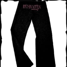 Bk Yoga Pant - Blk W/Pink Bitchin Kitten Motorcycle Brand Bella Brand Yoga Pants String Tie In Front At Waist Nwot Fitted Black Sweatpants With Letter Print, Trendy Fitted Black Sweatpants, Pink Fitted Sweatpants For Streetwear, Fitted Pink Pants For Streetwear, Stretch Pants With Letter Print For Loungewear, Fitted Black Sweatpants For Loungewear, Stretch Letter Print Pants For Loungewear, Stretch Letter Print Loungewear Pants, Pink Cotton Bottoms For Night Out